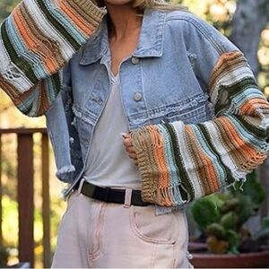 POL Distressed Denim Jacket Crochet Sleeves